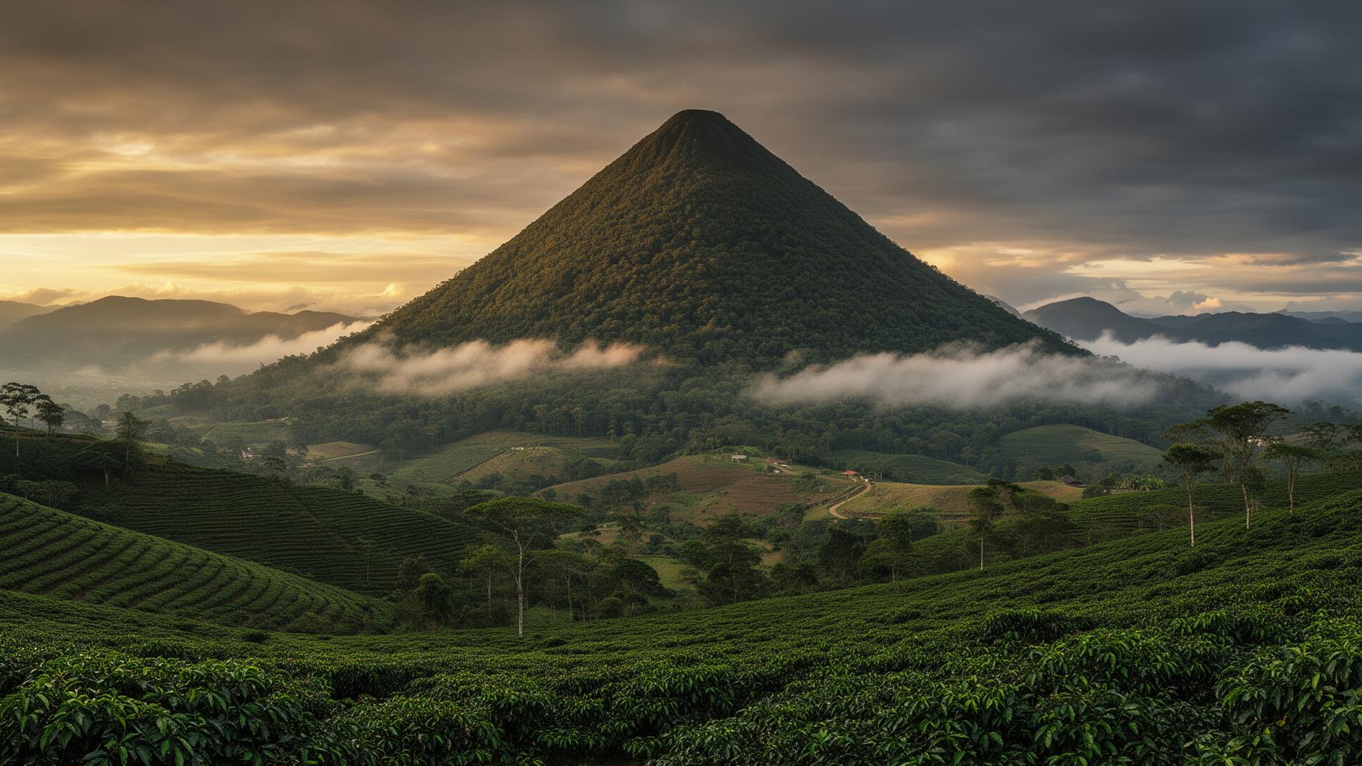Vista panorámica del Cerro Tusa entre cafetales en Venecia, Antioquia